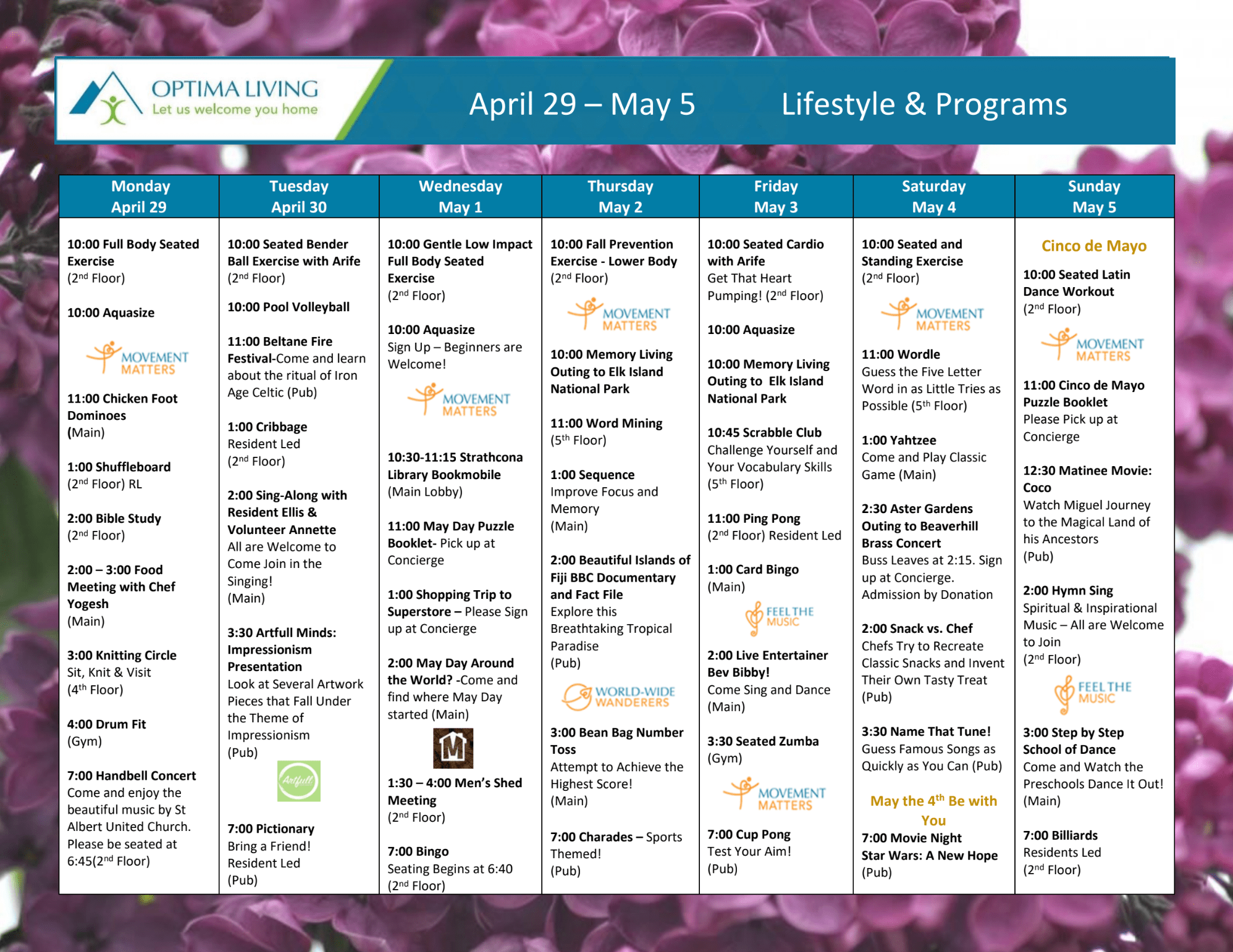 Aster Gardens April 29 - May 5 event calendar